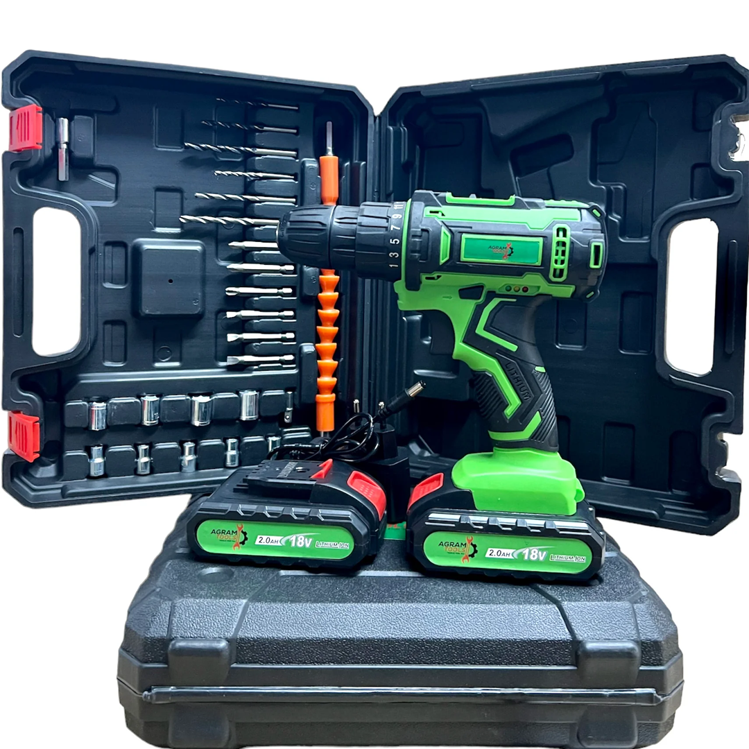 Wiertarko-wkrętarka akumulatorowa Agram Tools® z wiertłami + szczotki czyszczące - nasadka wiertarska