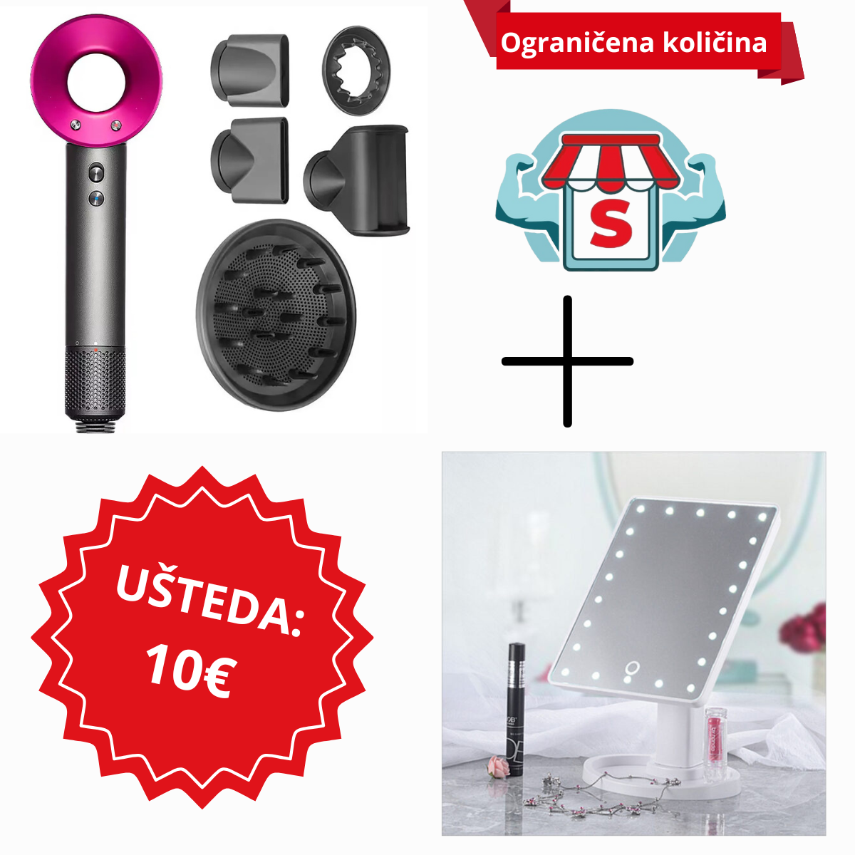 Lustro do makijażu + Suszarka do włosów z 5 końcówkami