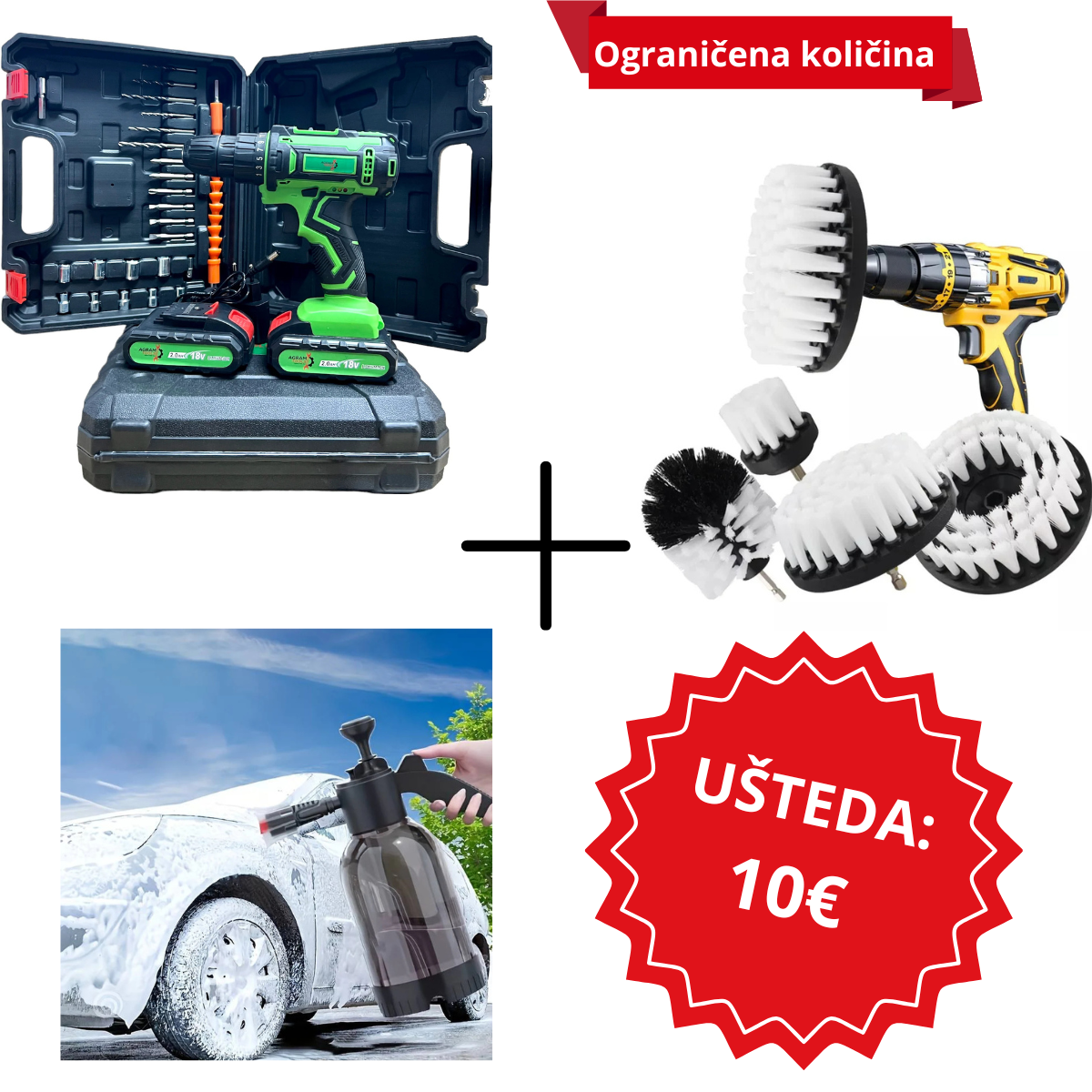 Wiertarka akumulatorowa Agram Tools® + Szczotki czyszczące + Opryskiwacz ręczny