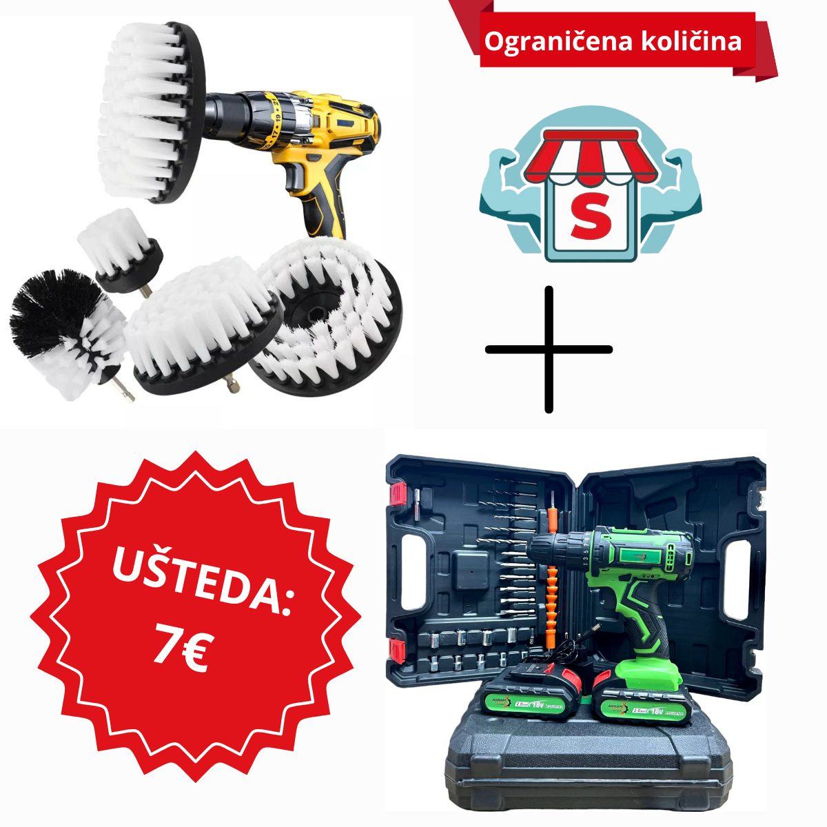 Wiertarko-wkrętarka akumulatorowa Agram Tools® z wiertłami + szczotki czyszczące - nasadka wiertarska